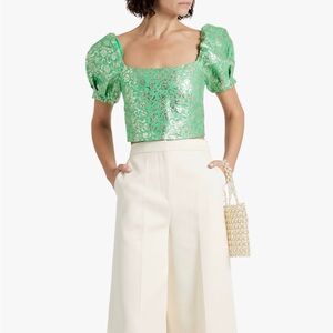 Alice + Olivia Joslyn Cropped Metallic Cotton-blend‎ Jacquard Top Jade Size 4